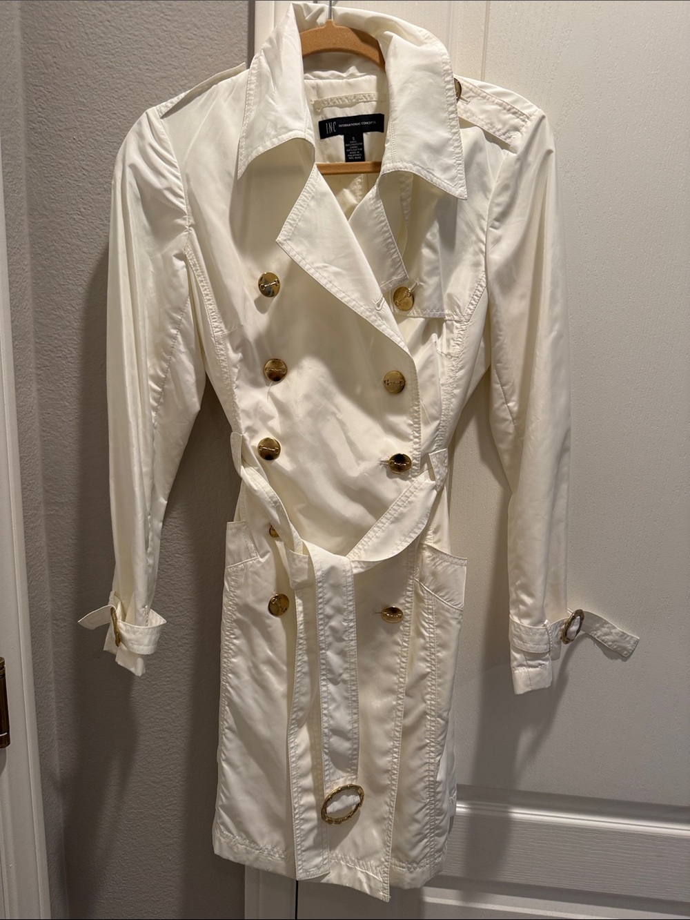 INC International Concepts Cream Double-Breasted Trench Coat with Gold buttons